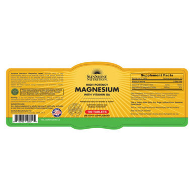 Sunshine Nutrition High Potency Magnesium With Vitamin B6 100 Tablets