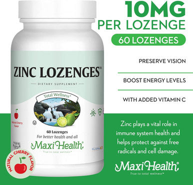 Maxi Health Zinc Lozenges - Zinc Citrate 10mg - with Vitamin C - Cherry Flavor - 60 Chewables - Kosher