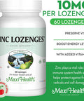 Maxi-Health Zinc Lozenges - Zinc Citrate 10Mg - With Vitamin C - Cherry Flavor - 60 Chewables - Kosher