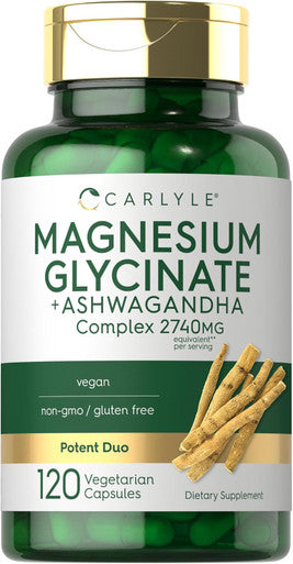 Carlyle Magnesium Glycinate with Ashwagandha | 2740mg Complex | 120 Vegetarian Capsules | Potent Duo | Non-GMO and Gluten Supplement