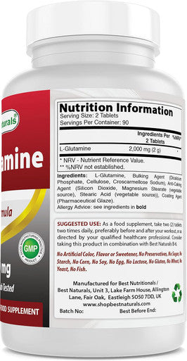 Best Naturals L-Glutamine 1000mg Fuel for Workout (Non-GMO) Tablets 180 Count