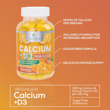 Sugar Free Calcium Gummies with Vitamin D3 - Premium Calcium Phosphate & Vitamin D Gummy Chews Support Bones & Teeth - Nature's Non-GMO Supplement, Tasty Orange Flavor, for Everyone - 120 Gummies