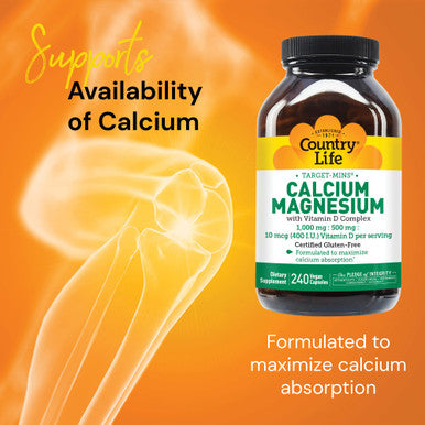 Country Life Target-Mins Calcium Magnesium With Vitamin D-Complex 1000Mg/500Mg/10Mcg 240 Vegan Capsules Certified Gluten Free Certified Vegan Verified Non-Gmo Verified