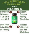 Peak Performance Raw Whole Food Vitamin K Vegan Capsules Supplement Usa Sourced Vitamins K1, K-2 Mk4 + K2 Natto Mk7 And 25 Vegeta