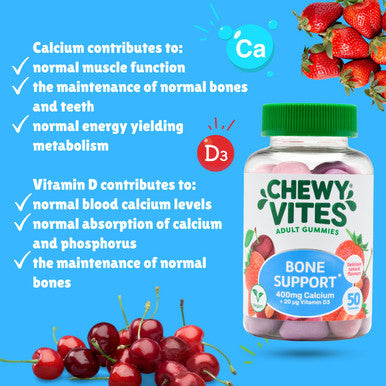 Chewy Vites Adult Bone Support 50 Vitamin Gummies 400mg Calcium Gummies with 20 mcg Vitamin D3 for Bones Teeth & Muscle Function 2-a-Day Vegan Mix of Wild Cherry and Strawberry Flavour