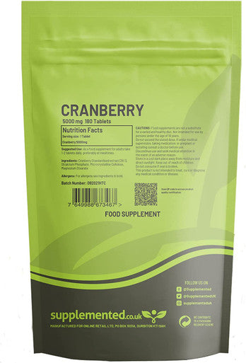 Cranberry Extract 5000mg 180 Tablets, High Strength Supplement Extract Pills UK Made. Pharmaceutical Grade