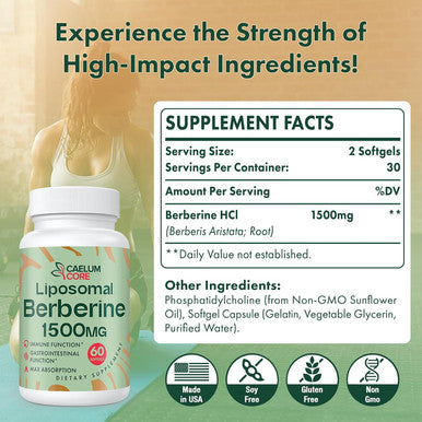 Liposomal Berberine Hcl - Berberine 1500Mg Activates Ampk & Glp-1, High Bioavailability Berberines Supplement For Women And Men, Berberine Plus Overall Health Support (1 Pack)