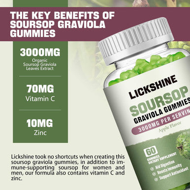 lickshine Soursop Graviola Gummies - 3000Mg Extra Strength Soursop Leaves Supplement With Vitamin C, Zinc - Digestive Aid, Immune Support & Antioxidant - Sugar-Free, Non-Gmo, Vegan, 60 Counts