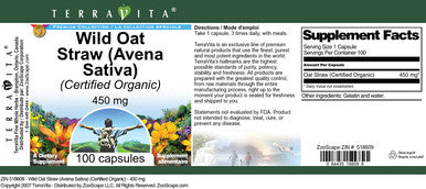 Terravita Wild Oat Straw (Avena Sativa) (Certified Organic) - 450 Mg (100 Capsules, Zin: 518609)