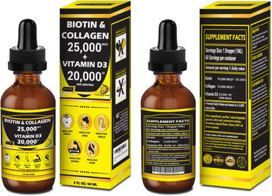 Nature ManuPremium 25000mcg Liquid Biotin Collagen20000iu Vitamin D3 Allinone Wellness Daily Drops. Supports Healthy Skin Stronger Nails Hair Growth. Tasty Strawberry Flavor 2 FL OZ/60 ML