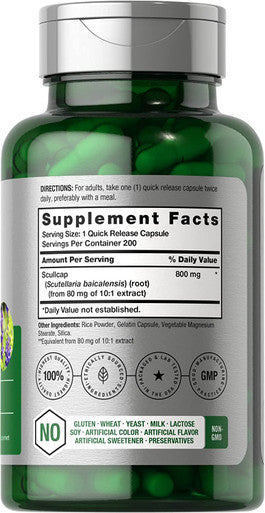 Scullcap Capsules 800 mg 200 Count Max Potency Value Size Non GMO and Gluten Free Scullcap Herb Supplement Scutellaria Baicalensis by Horbaach