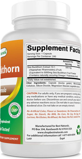 Best Naturals Sea Buckthorn Oil Powder Capsules 5000 mg Equiavelnt 240 Capsules - Non-GMO Gluten - Contains Naturally Occuring Omega-7 Palmetoleic Acid