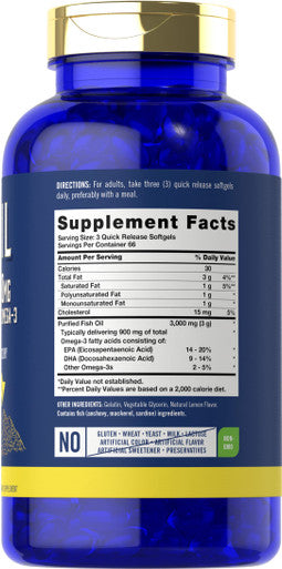 Fish Oil 3000Mg | 900Mg Omega 3 | 200 Softgels | Lemon Flavor | Non-Gmo And Gluten Free Supplement