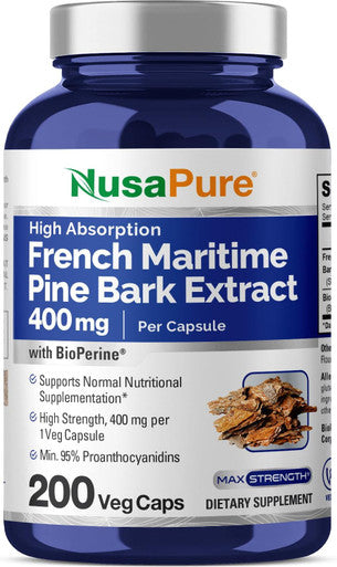 Nusapure French Maritime Pine Bark Extract 400Mg Per Veggie Caps 200-Day Supply Bioperine Non-Gmo Vegan