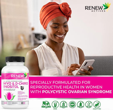 Renew Actives Myo-Inositol & D-Chiro Inositol - Supports Ovarian Function, Menstrual Cycle, Hormonal & Metabolic Conditions - 60 Capsules