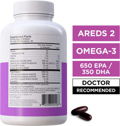 Viteyes AREDS 2 Omega3 Macular Health Formula Softgels Triple Strength Omega3 650 mg EPA 350 mg DHA Eye Health Vitamin for Vision Protection 90 Softgels