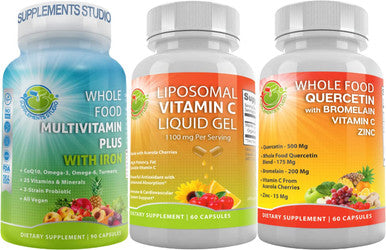 Perfect Immune Boost Liposomal High Potency Vitamin C Gel Bundle Up With Quercetin Bromelain Zinc Supplement And Daily Vegan Whole Food Multivitamin Plus With Iron For Men Women