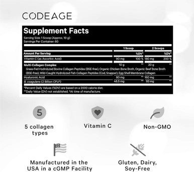 Codeage Multi Collagen Peptides + Probiotics Black Edition Vitamin C Hyaluronic Acid Powder Supplement Grass-Fed Pasture-Raised Hydrolyzed Zero Carbs Type I II III V & X Unflavored 21oz