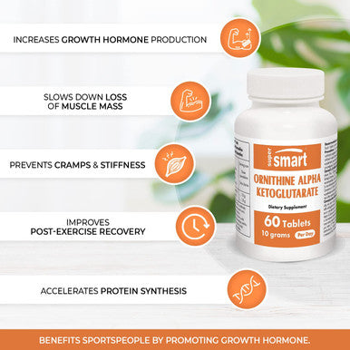 Supersmart Ornithine Alpha Ketoglutarate OKG 10 g Per Day Amino Acids May Improve Muscle Mass NonGMO 60 Tablets