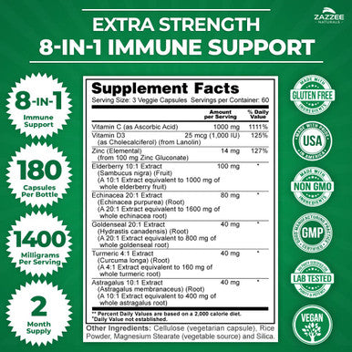 Zazzee Extra Strength 8-In-1 Immune Support, 1400 Mg Per Capsule, 180 Vegan Capsules, 1000 Mg Vitamin C, 1000 Iu Mg D3, Zinc
