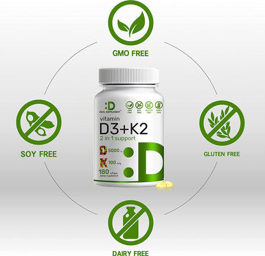 Vitamin D3 K2 Softgel, 180 Counts, 2-1 Complex, Vitamin D3 5000 IU & Vitamin K2 MK7, Promotes Heart, Bone & Teeth Health - Very Easy to Swallow