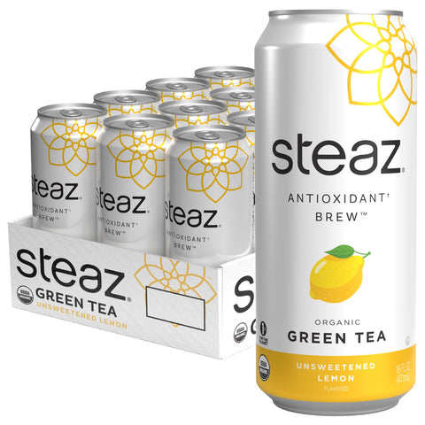 Steaz Organic Green Tea Zero Calorie Half & Half (12 Pack) Antioxidant Brew 65mg Natural Caffeine Vitamin C Stevia Sweetened Iced Tea Vegan Fair Trade 12 Cans 16 fl oz (473mL)