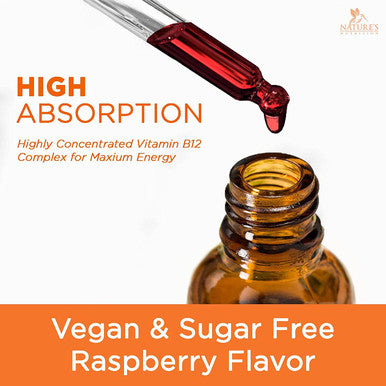 Vitamin B12 1200 Mcg - Sublingual Liquid Drops Extra Strength Energy Support - Nature's Fast Acting B-12 Methylcobalamin Supplement Raspberry Flavor, Non-GMO & Gluten-Free - 2 Fl Oz