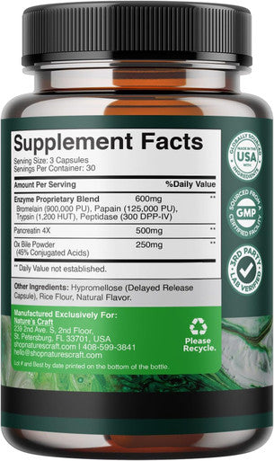 Natures Craft Digestive Enzymes with Ox Bile Supplement - Purified Bile Salts Supplement for Digestion Pancreas and Gallbladder Support with Pancreatin 4X Ox Bile Digestive Enzymes and Bile Salt Complex (1 Month)