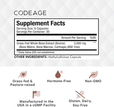 Codeage Grass Fed Bone Marrow Supplement ze Dried Non Defatted and Desiccated Beef Bone Marrow Pills Raw Whole Bone Marrow Bone Matrix Cartilage 3000mg per Serving 180 Capsules