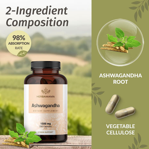 Herbamama Ashwagandha Capsules - 1500Mg Pure Ashwagandha Root Focus Supplement - Vegan Non-Gmo Mood & Calm Support Supplement For Adults 100 Caps