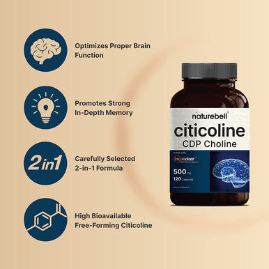 NatureBell Citicoline Supplements CDP Choline Citicoline 500mg Plus Tyrosine 50mg Per Serving Optimized Dosage 120 Capsules 2 in 1 Formula Dual Action Brain Supplement NonGMO