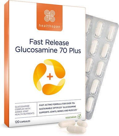 Healthspan Fast Release Glucosamine 70 Plus | 120 Capsules | with Vitamin C & Vitamin D3 | Easy to Digest | Calcium | Ginger | Vegetarian