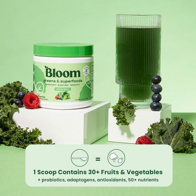 Bloom Nutrition Green Superfood Super Greens Powder Juice Smoothie Mix Complete Whole Foods Organic Spirulina Chlorella Wheat Grass Probiotics Digestive Enzymes Antioxidants Original