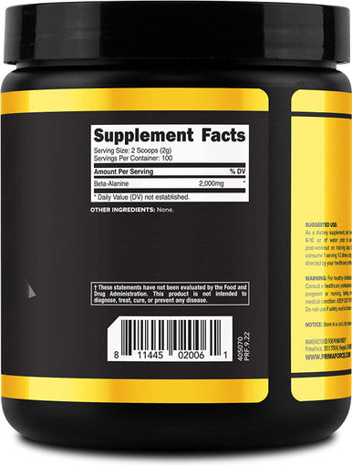 PrimaForce Beta Alanine Powder Unflavored 200 Grams Gluten Free NonGMO Supplement for Men and Women Supports Lean Muscle Gain and Aids Recovery