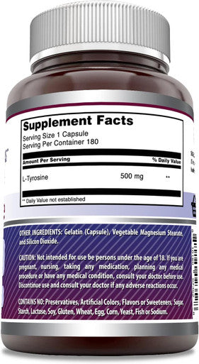 Amazing Nutrition Formulas L-Tyrosine 500 Mg Capsules | Amino Acid Supplement | Non-GMO | Gluten | Made in USA (180 Count)