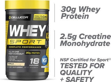Cellucor Whey Sport Protein Powder Vanilla | Post Workout Recovery Drink with Whey Protein Isolate, Creatine & Glutamine | 18 Servings