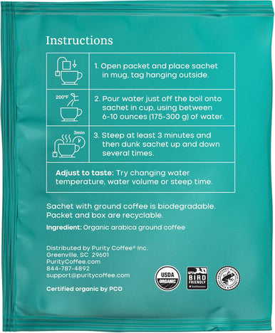 Purity Coffee FLOW Medium Roast Organic Coffee - USDA Certified Organic Specialty Grade Arabica Single-Serve Packets - Third Party Tested for Mold, Mycotoxins and Pesticides - 5 ct Box