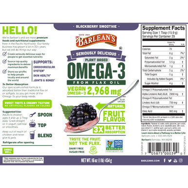 Barlean's Seriously Delicious Blackberry Smoothie From Flax Oil and Pi a Colada Seriously Delicious Omega-3 Fish Oil Smoothie