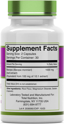Bacopa Monnieri Capsules 1000 MG (60 Capsules) | Nootropic Brain Support Supplement* | Bacopa Leaf Extract Powder Pills | by TNVitamins