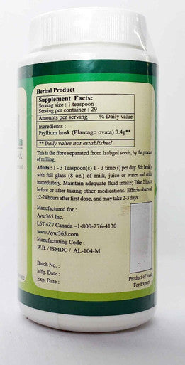 Ayur365 Pure Psyllium husk Unflavoured & Sugar-Free For Gentle Relief of Irregularity 100g, 29 Doses & Four Weeks Supply