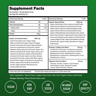 Nutrachamps Super Greens Powder Premium Superfood | 20+ Organic Green Veggie Whole Foods | Wheat Grass Spirulina Chlorella & More | Antioxidant Digestive Enzyme & Probiotic Blends