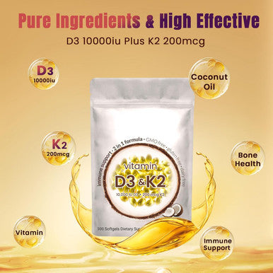 2-In-1 Vitamin D3 K2 Supplement Softgel, 10000 Iu Vit D3 + 200 Mcg Vitamin K2, 300 Pcs Vitamin D3 K2 Gels Riched Microingredients Vitamin D3 K2, Of Gmo, Gluten, Soy For Men Women