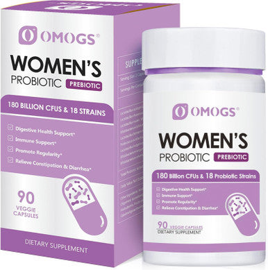 OMOGS Women's Probiotic 180 Billion CFUs 18 Strains, with Organic Prebiotics Cranberry Extract D Mannose and Digestive Enzymes for Digestive Boost Immune PH Balance and Urethral Health 90 Capsules