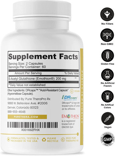 SAcetyl Glutathione GOLD 120 DRcaps AcidResistant 100mg Per Capsule Patented Acetylated Form of Glutathione Emothion 24 Month Supply ZERO Fillers / Flow Agents Pharmaceutical Grade