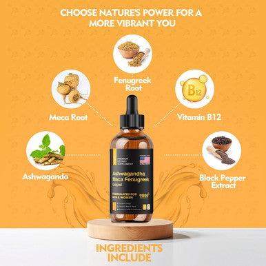 Ashwagandha Maca Fenugreek Extracts - Supports Energy & Focus - Liquid Supplement For Men & Women - 60 Day Servings, Vegan Drops (4 Oz)