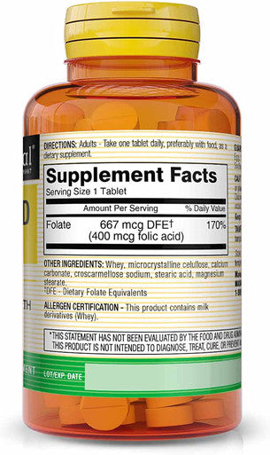 Mason Natural Folic Acid 400 mcg - Helps Nervous System Function, Daily Supplement for Health, Mood and Prenatal Care, for Women of Childbearing Age, 100 Tablets (Pack of 3)
