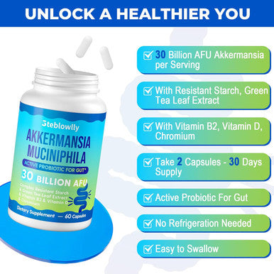 Akkermansia Probiotic, Akkermansia Muciniphila, Glp-1, Live Strain Probiotics For Women & Men, Glp-1 Supplement For Gut Health, Digestive, Metabolic, Immune, With Chromium, Green Tea Leaf, 60 Capsule
