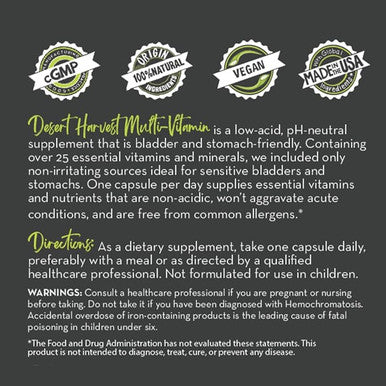Desert Harvest Low Acid Multi Vitamin Supplement pH Balanced Formula Made Without B6 90 Capsules