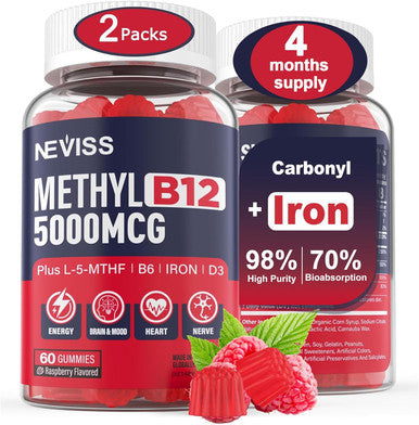 Iron Gummies 18Mg+Vitamin B12 5000 Mcg For Adults Kids - 4 Months Supply - 98% Purity Carbonyl Iron Supplement For Women Men, W/Folate,D3,B6 For Iron Deficiency&Anemia, Red Blood Cell Formation,Energy