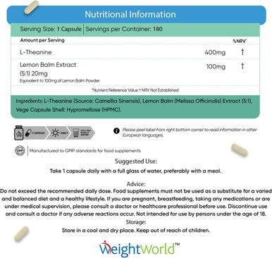Weightworld L Theanine with Lemon Balm 500mg - 180 Vegan Capsules - Natural Nootropics L-Theanine Supplements - High Strength L-Theanine Capsules - 6 Months Supply - Alternative to Coffee - Non GMO & Gluten